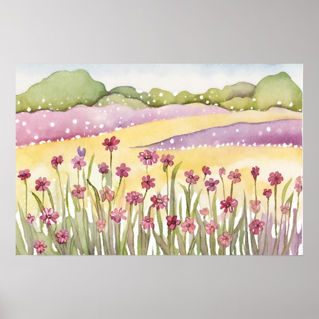 Poster Pink Flower field sunset Cores de água de pintura (Frente)