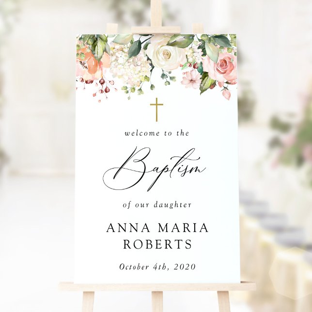 Poster Pink Flowers, White Flowers, Boho, Baptism Welcome (Criador carregado)