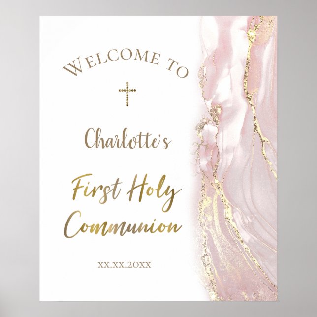 Poster pink fluid marble | First Communion welcome sign (Frente)