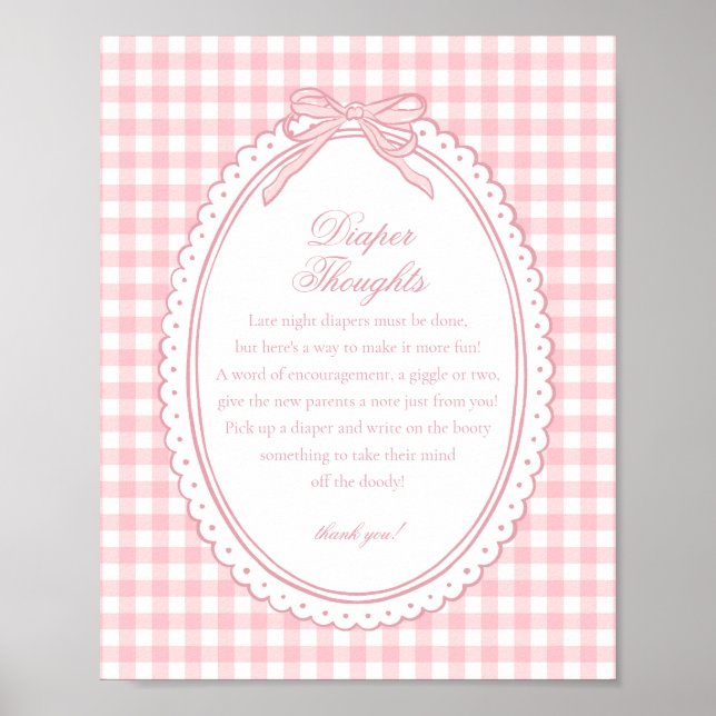 Poster Pink Gingham Coquette Bow Diaper Thoughts Baby (Frente)