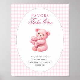 Poster Pink Gingham Teddy Bear Neutral Baby Shower