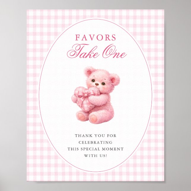 Poster Pink Gingham Teddy Bear Neutral Baby Shower (Frente)