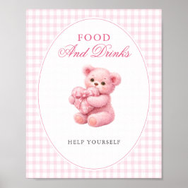 Poster Pink Gingham Teddy Bear Neutral Baby Shower