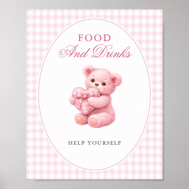 Poster Pink Gingham Teddy Bear Neutral Baby Shower (Frente)