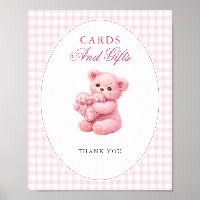 Poster Pink Gingham Teddy Bear Neutral Baby Shower (Frente)