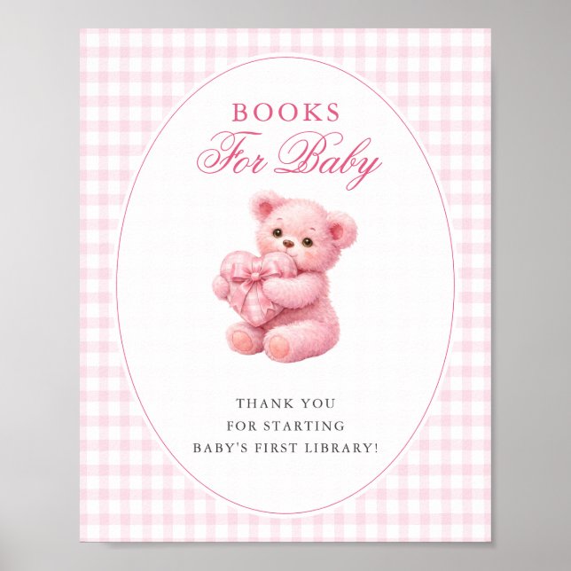 Poster Pink Gingham Teddy Bear Neutral Baby Shower (Frente)