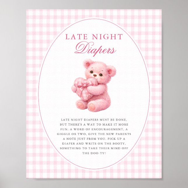 Poster Pink Gingham Teddy Bear Neutral Baby Shower (Frente)