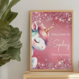 Pôster Pink Glitter Rainbow Unicorn Birthday Welcome