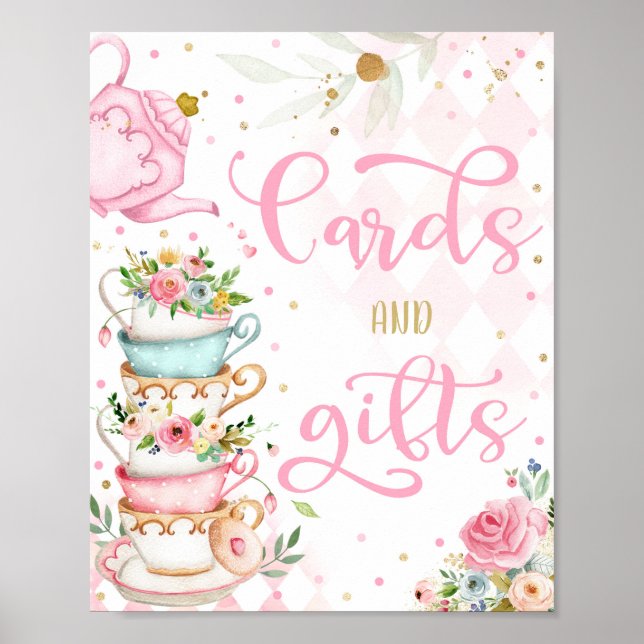 Poster Pink & Gold Floral Tea Party Cards & Gifts Par-Tea (Frente)