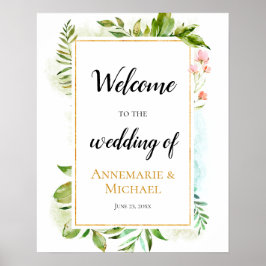 Poster Pink Gold Green "Welcome To The Wedding Of" Sign