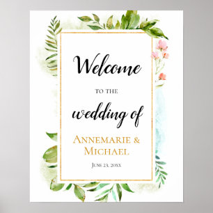 Poster Pink Gold Green "Welcome To The Wedding Of" Sign