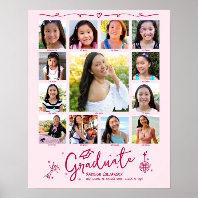 Poster Pink Graduation K–12 Photo Collage Red Doodles Fun (Frente)
