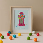 Poster Pink Gumball Machine Candy Bubble Gum Personalized<br><div class="desc">A retro pink gumball machine is just the treat on this playful and personalized kids art print poster. Featuring bright and colorful bubble gum candy with a bold blue background. Personalize with your child's name.</div>