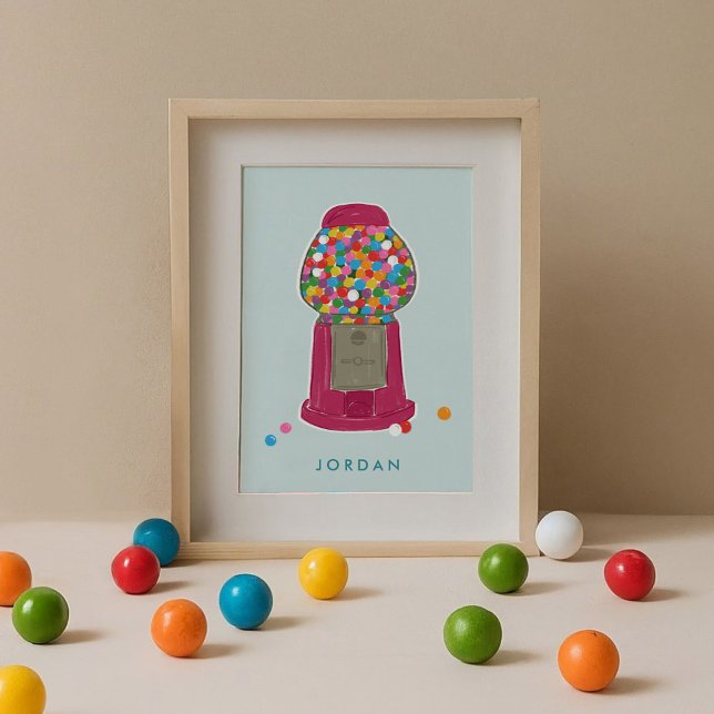 Poster Pink Gumball Machine Candy Bubble Gum Personalized (Pink retro gumball candy machine mint blue personalized kids art print.)