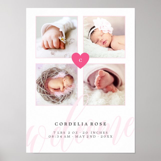 Poster Pink Heart Monogram Baby Photo Collage (Frente)
