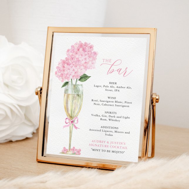 Poster Pink Hydrangea in Gold Glass Bar Menu (Criador carregado)