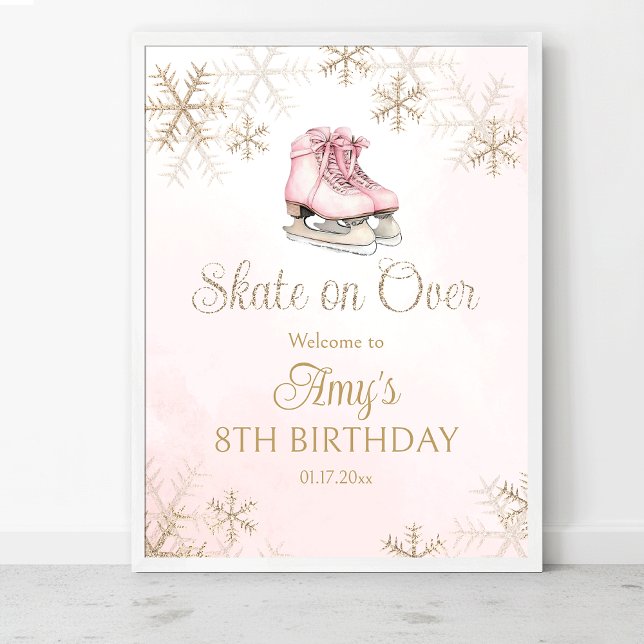 Poster Pink Ice Skating Birthday Gold Snowflakes Welcome (Criador carregado)