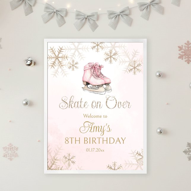 Poster Pink Ice Skating Birthday Gold Snowflakes Welcome (Criador carregado)