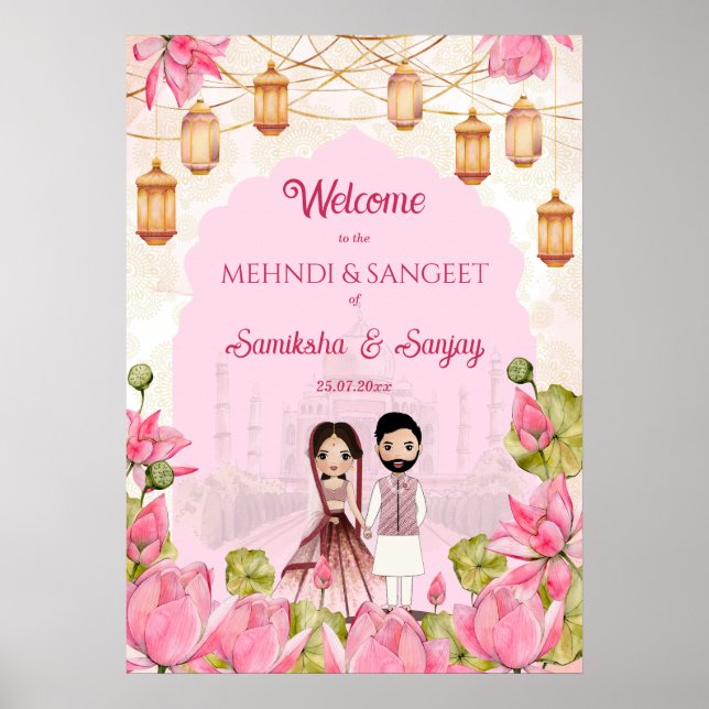 Poster Pink Lotus Flagranderias lanterna Casamento indian (Frente)