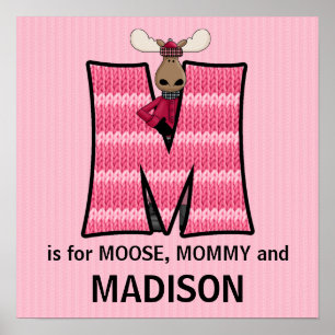 Pôster Pink Moose Monogram Letter M Baby Room