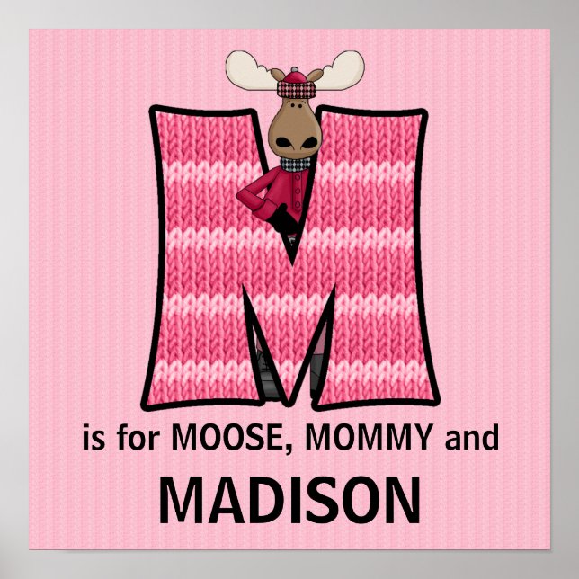 Pôster Pink Moose Monogram Letter M Baby Room (Frente)