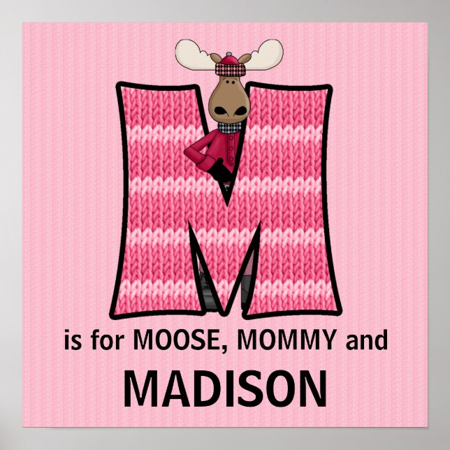 Pôster Pink Moose Monogram Letter M Baby Room (Frente)