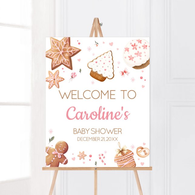 Poster Pink Natal Little Cookie Bem-Vindo (Christmas Little Cookie Gingerbread Baby Shower Welcome Sign)