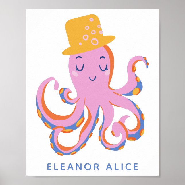 Poster Pink Octopus Quirky Dancing Animal Personalizado (Frente)
