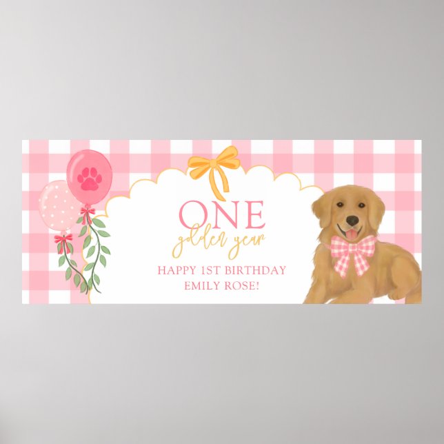 Poster Pink One Golden Year Retriever Puppy 1st Birthday (Frente)
