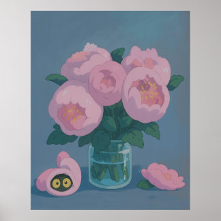 Poster Pink Peonies with Hidden Cat Eyes