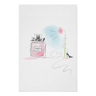 Pôster Pink Perfume & Flower Watercolor Fashion Art