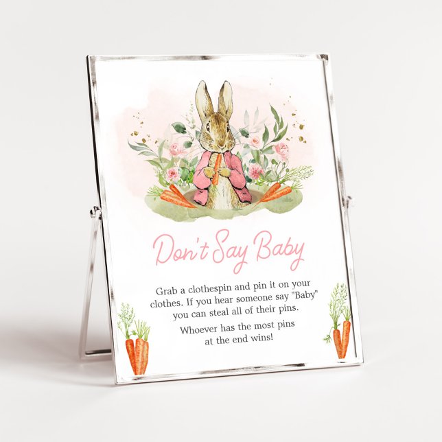 Poster Pink Peter Rabbit Chá de fraldas Não diga amor (A Little Bunny Spring Baby Shower Don't Say Baby Sign)