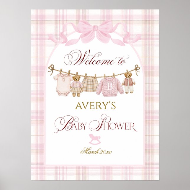 Poster Pink Preppy Teddy Bear Girl Baby Shower Plaid Bow (Frente)