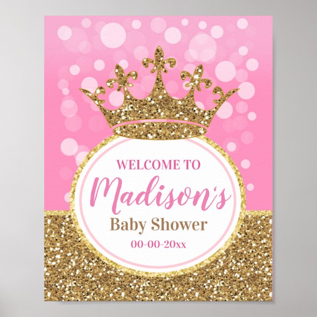 Poster Pink princess crown Welcome Sign Girl  Shower gold (Frente)