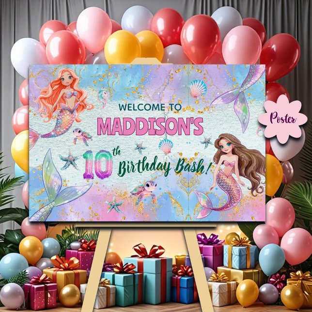 Poster Pink Purple Glitter Mermaids 10th Birthday Welcome (Criador carregado)
