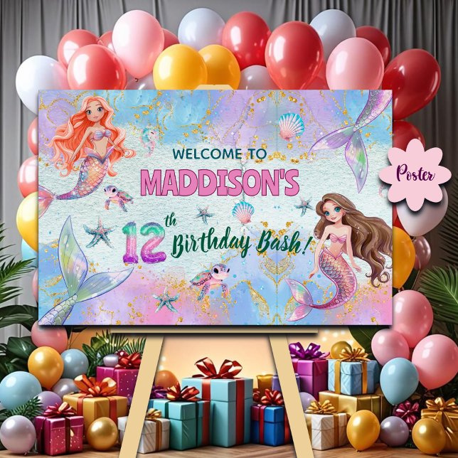 Poster Pink Purple Glitter Mermaids 12th Birthday Welcome (Criador carregado)