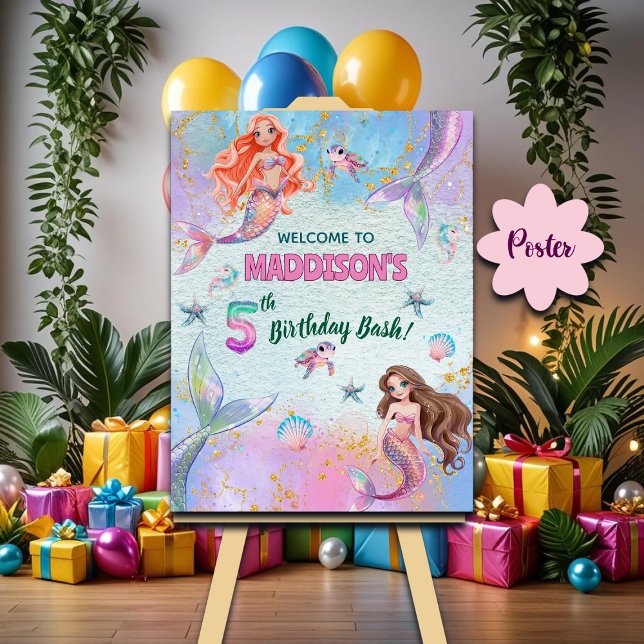 Poster Pink Purple Glitter Mermaids 5th Birthday Welcome (Criador carregado)