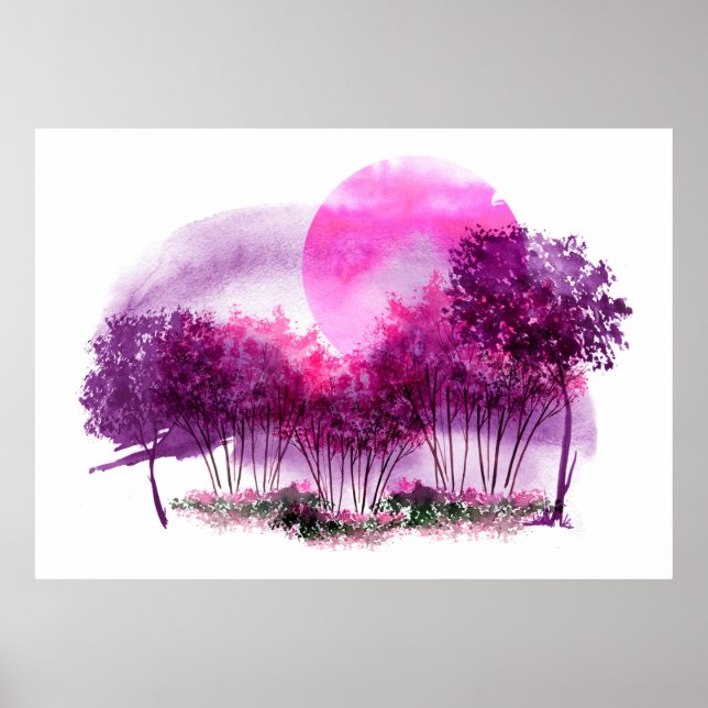 Poster pink, purple silhouette of trees against the backg (Frente)