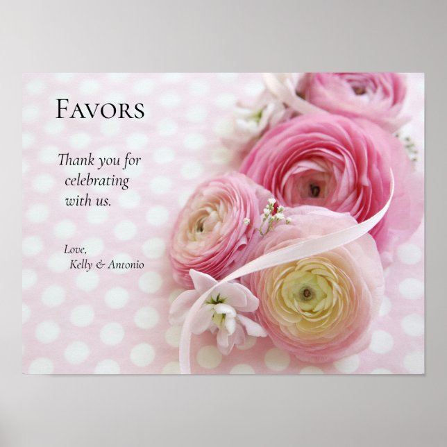 Poster Pink ranunculus on polka dots sign (Frente)