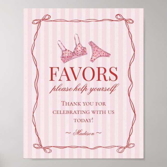Poster Pink & Red Heart Lingerie Bachelorette Party Favor (Frente)