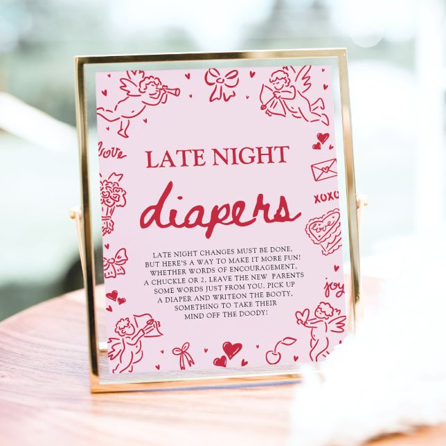 Poster Pink Red Valentine Baby Shower Late Night Diapers (Pink Red Valentine Baby Shower Late Night Diapers Game Sign)