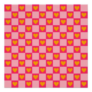 Pôster Pink Red Yellow Heart Love Checkered Y2K Padrão
