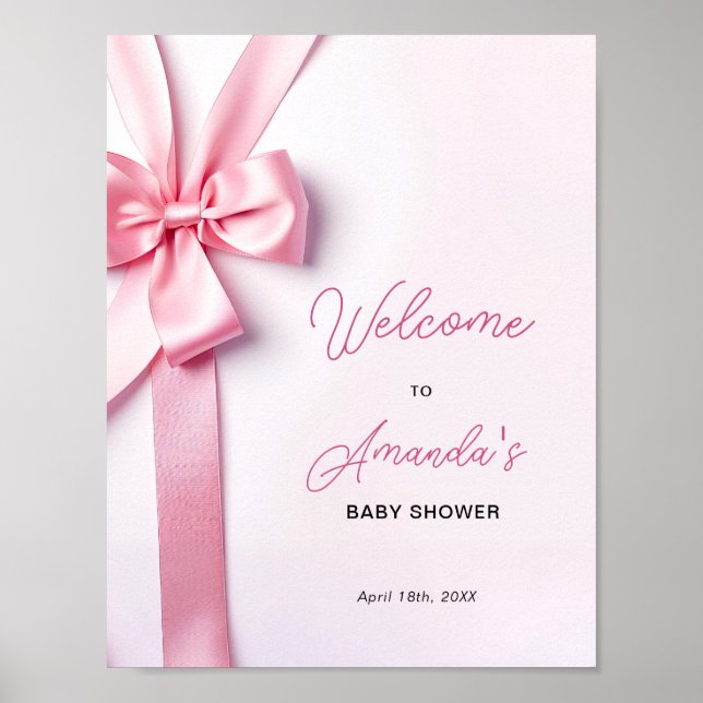 Poster Pink Ribbon Bow Baby Shower Welcome Sign (Frente)