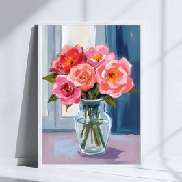 Poster Pink Rose Bouquet Glass Vase Romantic Floral