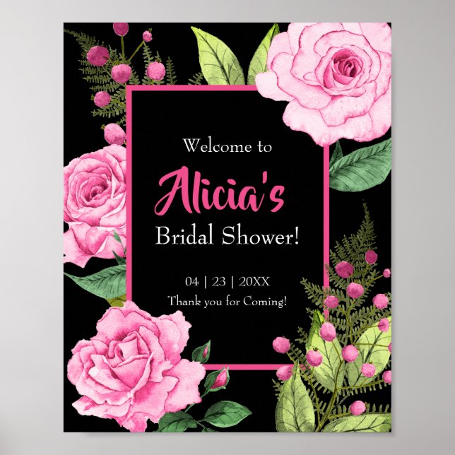 Poster Pink Roses on Black Bridal Shower Welcome (Frente)
