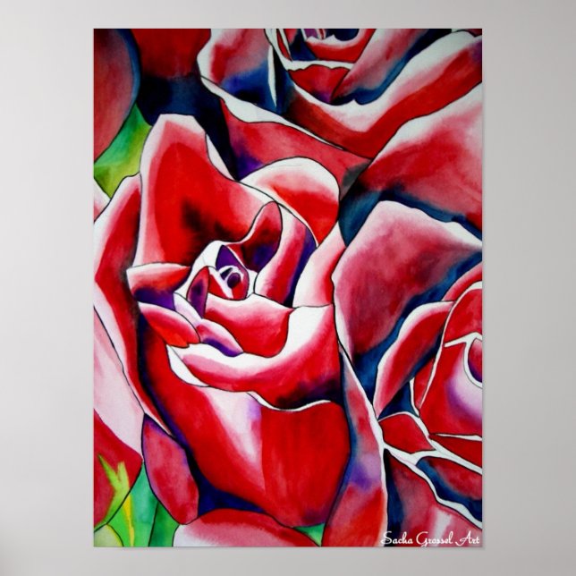 Pôster Pink Roses — pintura de aquarela (Frente)