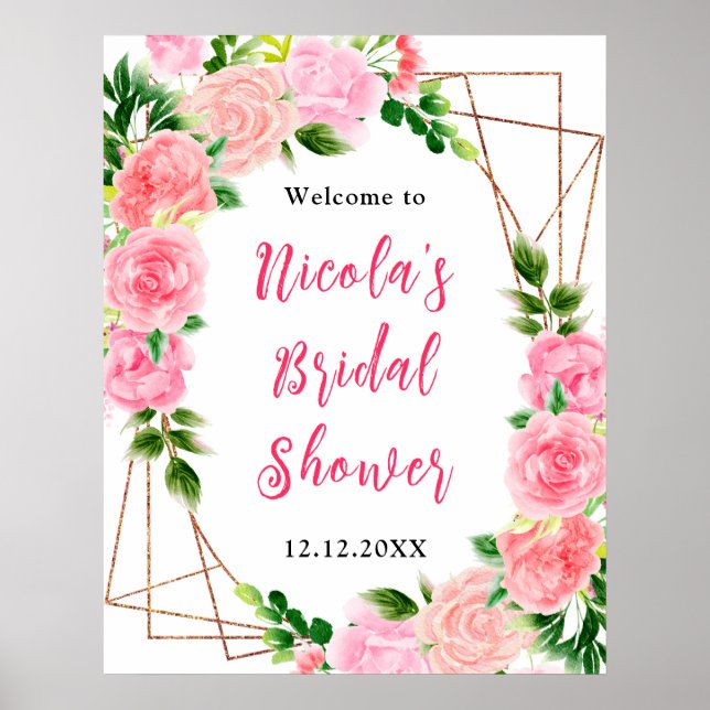 Poster Pink Roses with Foliage Bridal Shower Welcome (Frente)