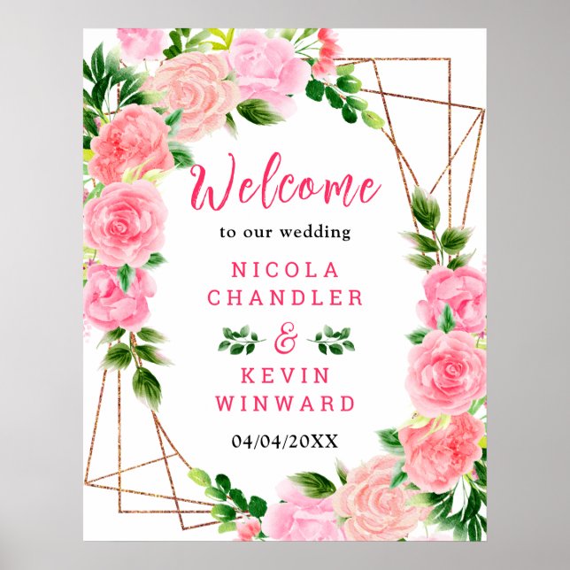 Poster Pink Roses with Foliage Wedding Welcome Sign (Frente)