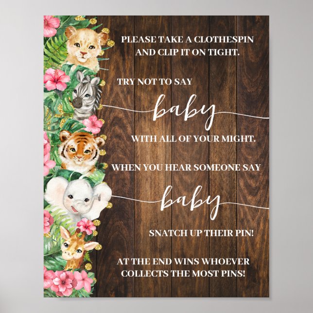 Poster Pink Safari Don't Say Baby Clothespin Shower Game (Frente)