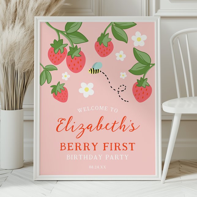 Poster Pink Strawberry Berry First Birthday Welcome (Criador carregado)